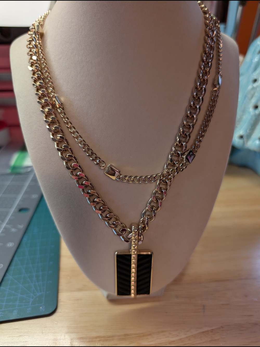 White House Black Market Gold Tone Layered Pendant Necklace with Black Accent